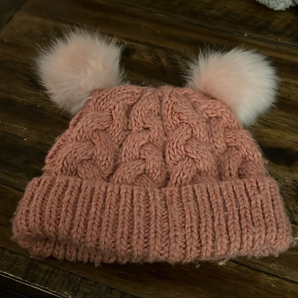 Toddler Size S Mauve Winter Hat with Double Pastel Pink Pom Pom
